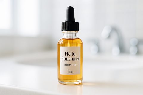 a 2oz glass container with a black rubber dropper sitting on a brightly lit bathroom counter with a blurred background. Inside the container is light colored body oil, filled to the top. the white vertical rectangle reads "Hello, Sunshine! Body Oil".